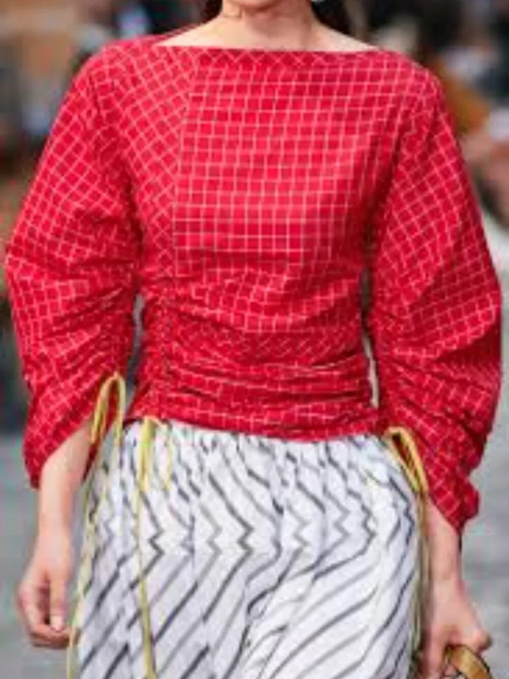 Tory Burch Windowpane Silk Tunic Top Red White Ruched Drawstring